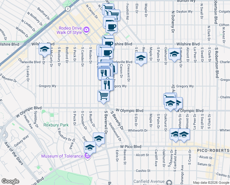 map of restaurants, bars, coffee shops, grocery stores, and more near 318 South Reeves Drive in Beverly Hills