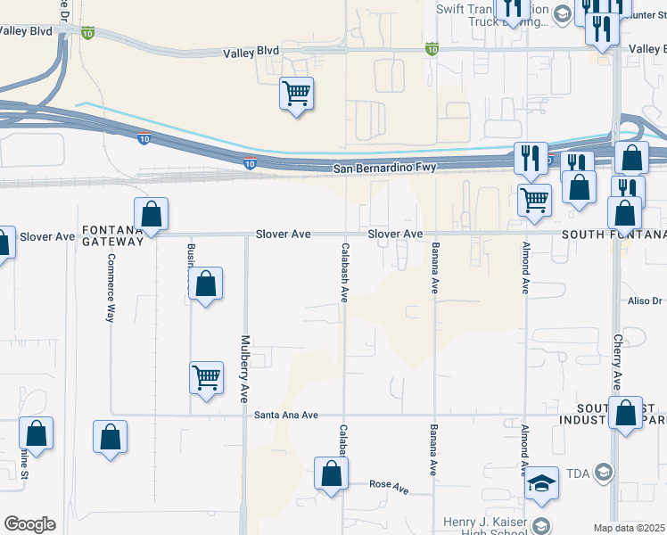 map of restaurants, bars, coffee shops, grocery stores, and more near 10566 Calabash Avenue in Fontana
