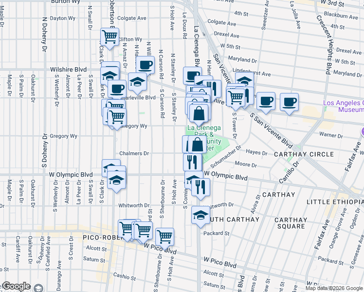 map of restaurants, bars, coffee shops, grocery stores, and more near 321s La Cienega Boulevard in Beverly Hills