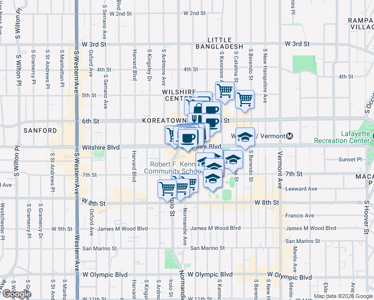 map of restaurants, bars, coffee shops, grocery stores, and more near 3452 Wilshire Boulevard in Los Angeles