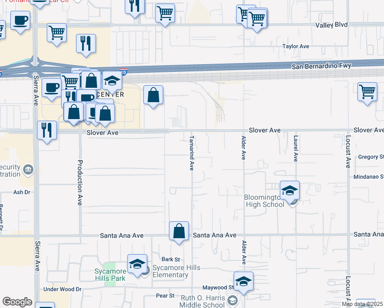 map of restaurants, bars, coffee shops, grocery stores, and more near 10586 Tamarind Avenue in Fontana
