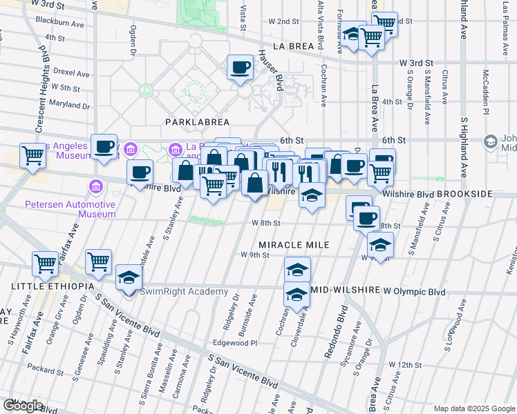map of restaurants, bars, coffee shops, grocery stores, and more near 5600 Wilshire Boulevard in Los Angeles