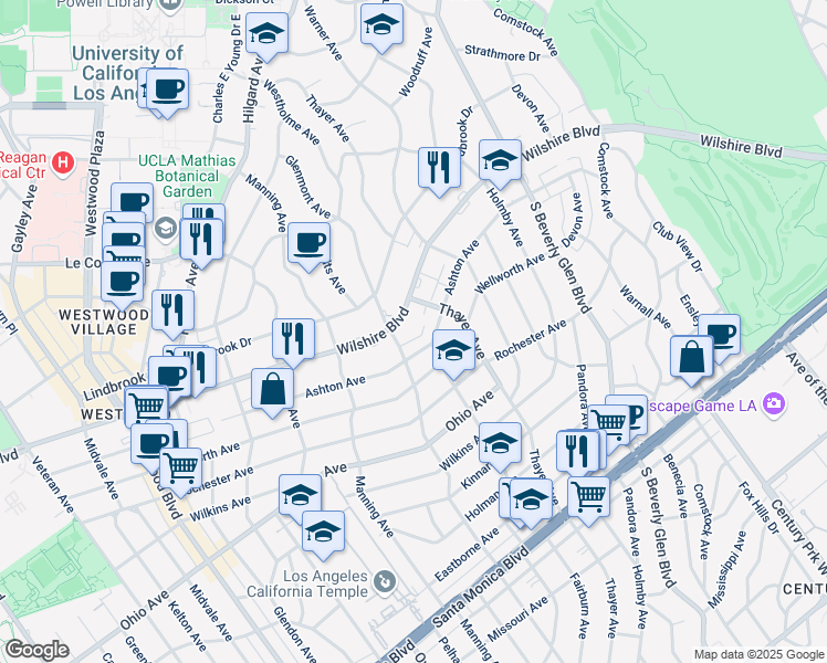 map of restaurants, bars, coffee shops, grocery stores, and more near 10580 Wilshire Boulevard in Los Angeles