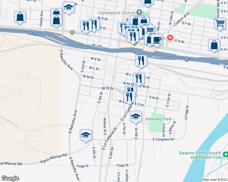 map of restaurants, bars, coffee shops, grocery stores, and more near West N Street South in Colton