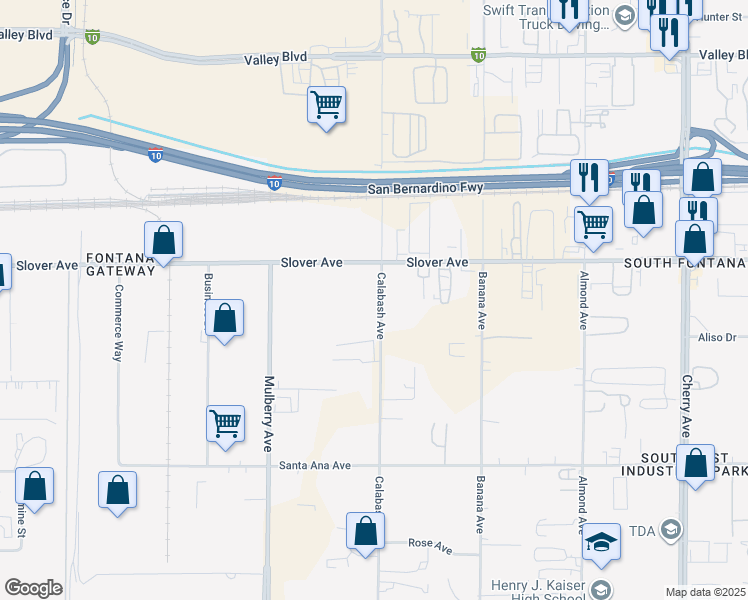 map of restaurants, bars, coffee shops, grocery stores, and more near 10566 Calabash Avenue in Fontana
