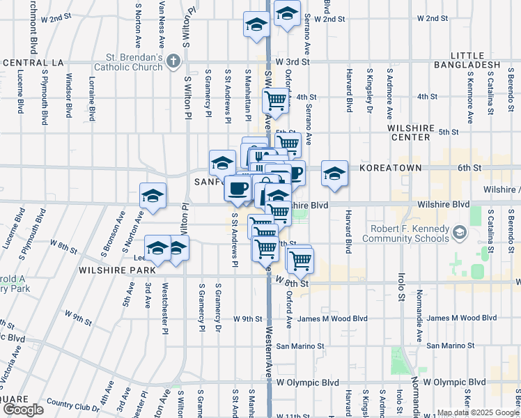 map of restaurants, bars, coffee shops, grocery stores, and more near 3810 Wilshire Boulevard in Los Angeles