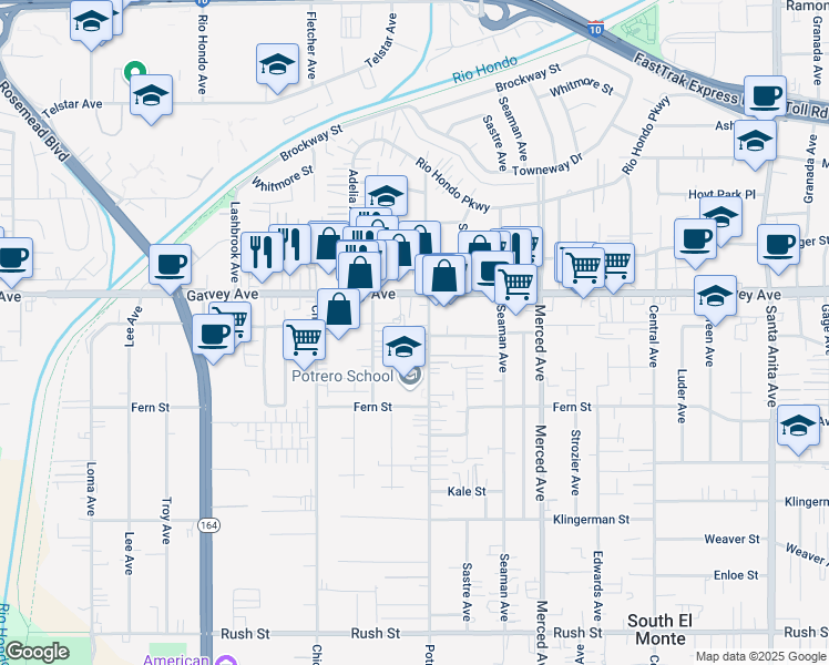 map of restaurants, bars, coffee shops, grocery stores, and more near 2737 Potrero Avenue in El Monte