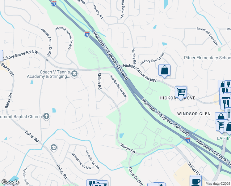 map of restaurants, bars, coffee shops, grocery stores, and more near 1993 Mesa Verde Court Northwest in Acworth