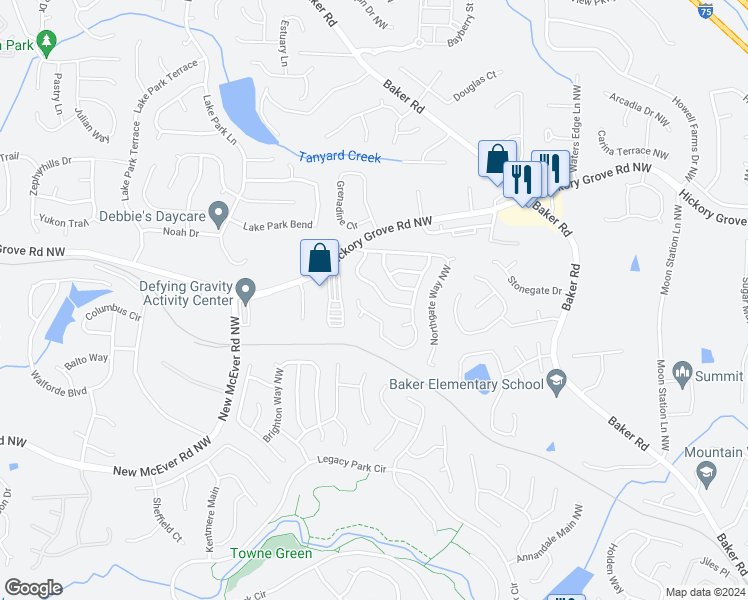 map of restaurants, bars, coffee shops, grocery stores, and more near 4324 Chesapeake Trace in Acworth