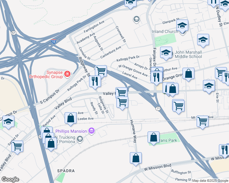 map of restaurants, bars, coffee shops, grocery stores, and more near 2241 Valley Boulevard in Pomona