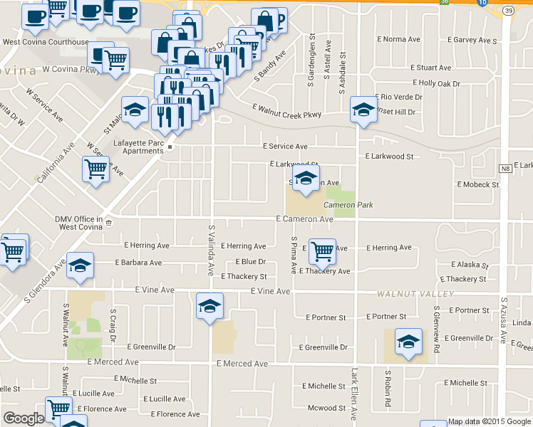 map of restaurants, bars, coffee shops, grocery stores, and more near 1123 East Cameron Avenue in West Covina