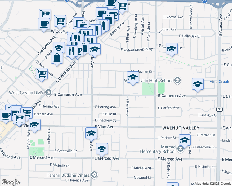 map of restaurants, bars, coffee shops, grocery stores, and more near 1123 East Cameron Avenue in West Covina