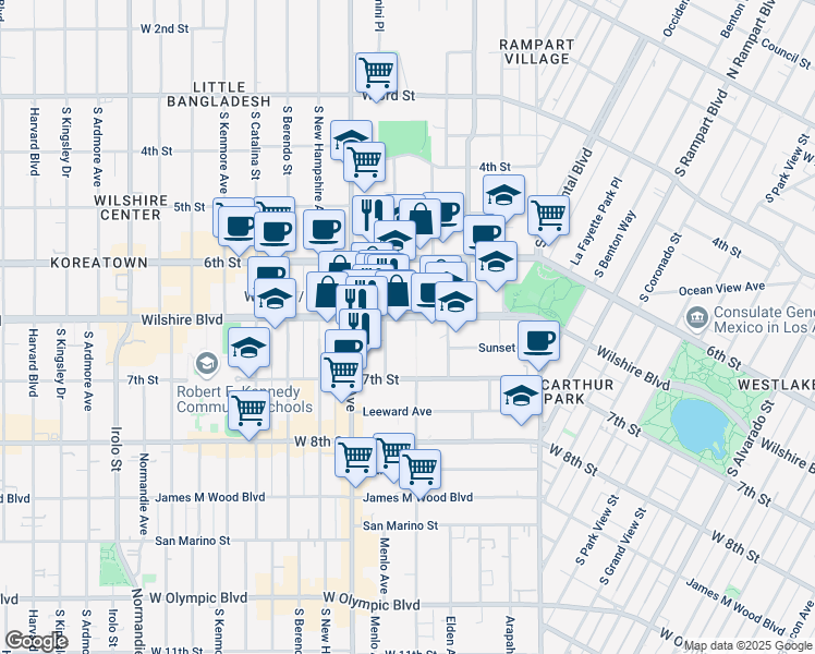 map of restaurants, bars, coffee shops, grocery stores, and more near 3183 Wilshire Boulevard in Los Angeles