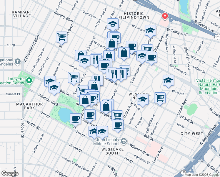 map of restaurants, bars, coffee shops, grocery stores, and more near 309 South Westlake Avenue in Los Angeles