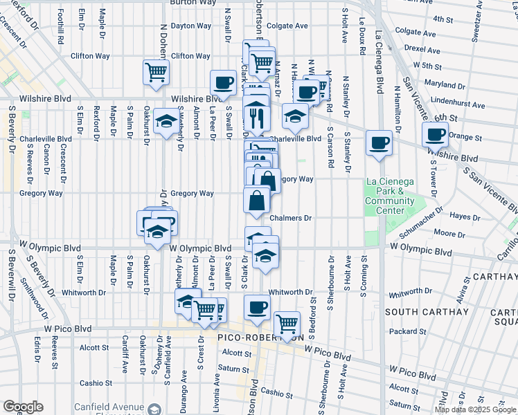 map of restaurants, bars, coffee shops, grocery stores, and more near 300 South Clark Drive in Beverly Hills