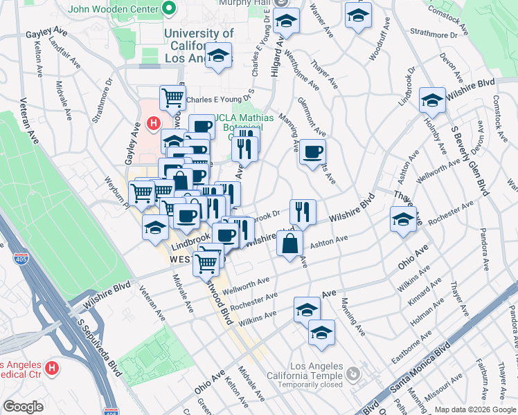 map of restaurants, bars, coffee shops, grocery stores, and more near 10798 Weyburn Avenue in Los Angeles