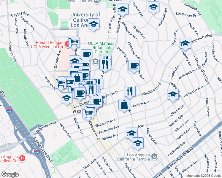 map of restaurants, bars, coffee shops, grocery stores, and more near 10798 Weyburn Avenue in Los Angeles