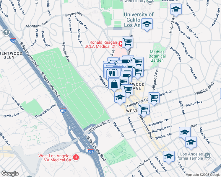 map of restaurants, bars, coffee shops, grocery stores, and more near 1000 Gayley Avenue in Los Angeles