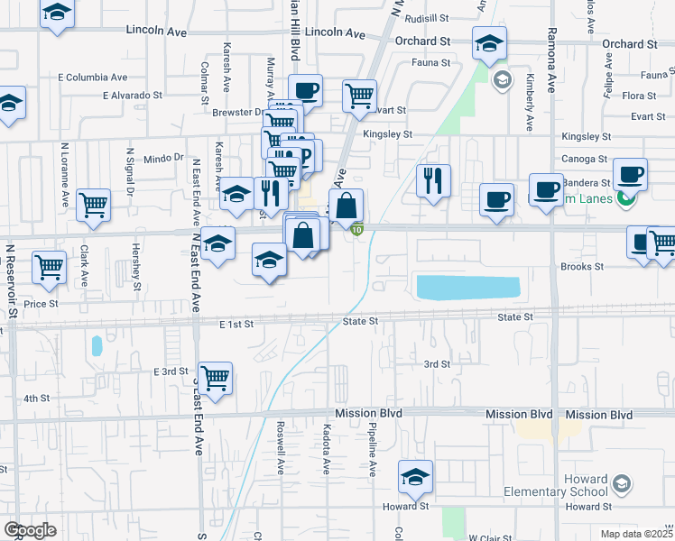 map of restaurants, bars, coffee shops, grocery stores, and more near 10593 South Mills Avenue in Montclair
