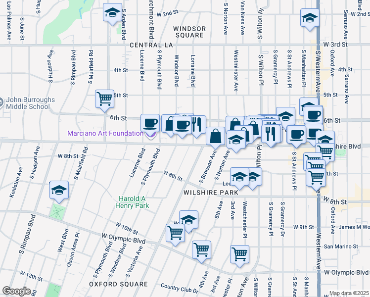 map of restaurants, bars, coffee shops, grocery stores, and more near 4218 Wilshire Boulevard in Los Angeles