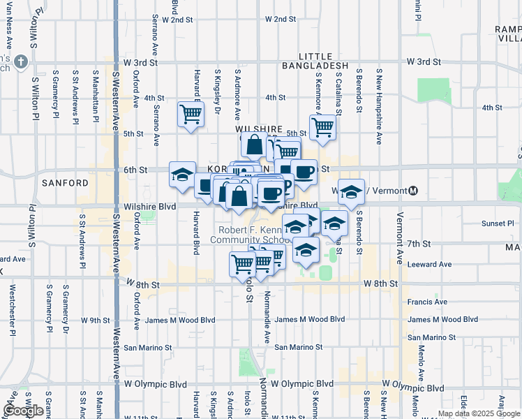 map of restaurants, bars, coffee shops, grocery stores, and more near 3470 Wilshire Boulevard in Los Angeles