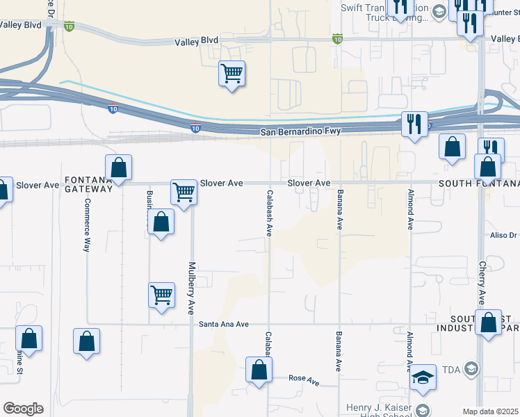 map of restaurants, bars, coffee shops, grocery stores, and more near 10566 Calabash Avenue in Fontana