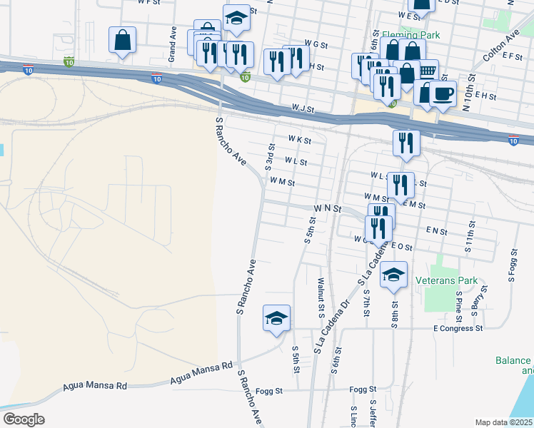 map of restaurants, bars, coffee shops, grocery stores, and more near 590 West N Street in Colton