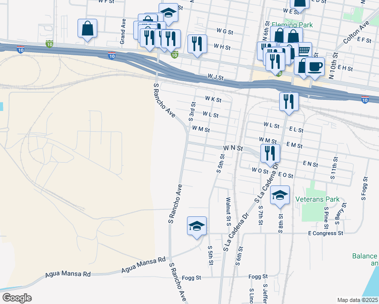 map of restaurants, bars, coffee shops, grocery stores, and more near 590 West N Street in Colton