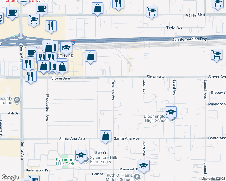 map of restaurants, bars, coffee shops, grocery stores, and more near 10500-10572 Tamarind Avenue in Fontana