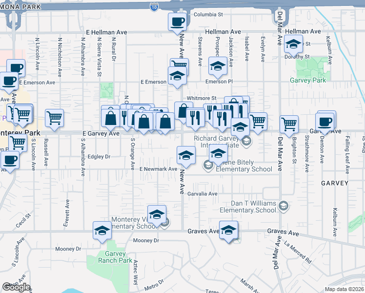 map of restaurants, bars, coffee shops, grocery stores, and more near in Monterey Park