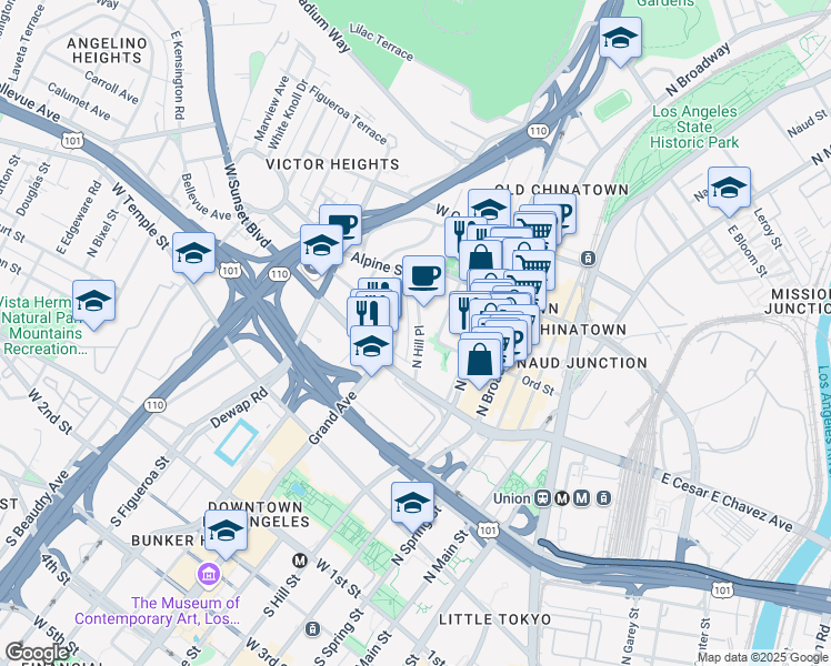 map of restaurants, bars, coffee shops, grocery stores, and more near 720 North Hill Place in Los Angeles