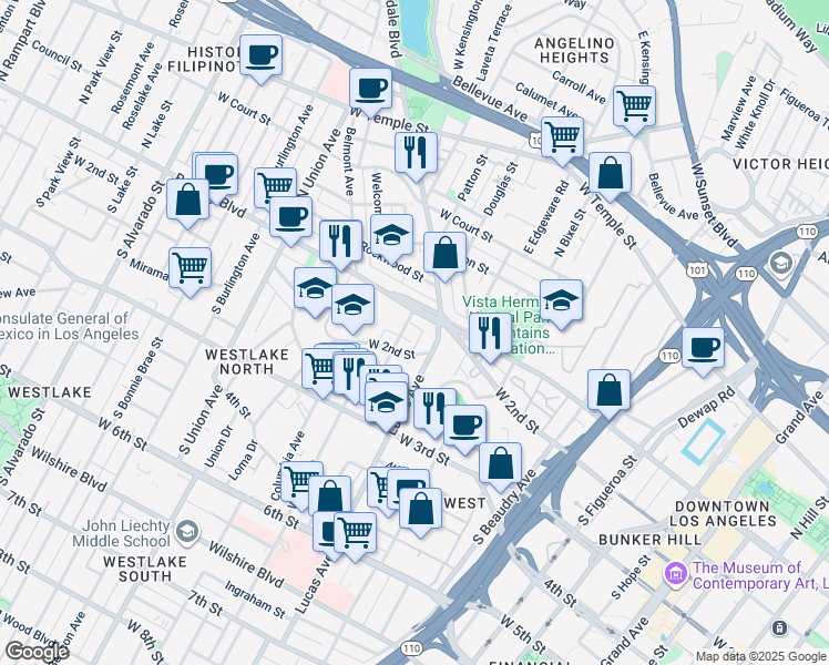 map of restaurants, bars, coffee shops, grocery stores, and more near 1422 Beverly Boulevard in Los Angeles