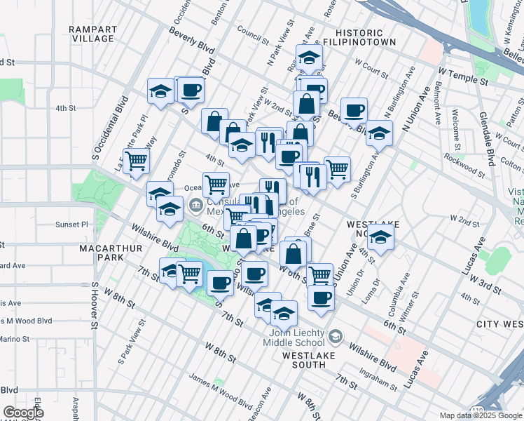 map of restaurants, bars, coffee shops, grocery stores, and more near in Los Angeles