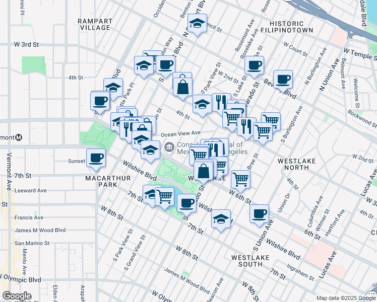 map of restaurants, bars, coffee shops, grocery stores, and more near 437 South Grand View Street in Los Angeles