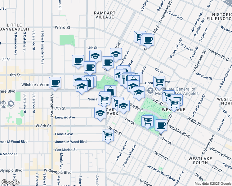 map of restaurants, bars, coffee shops, grocery stores, and more near 600 South La Fayette Park Place in Los Angeles