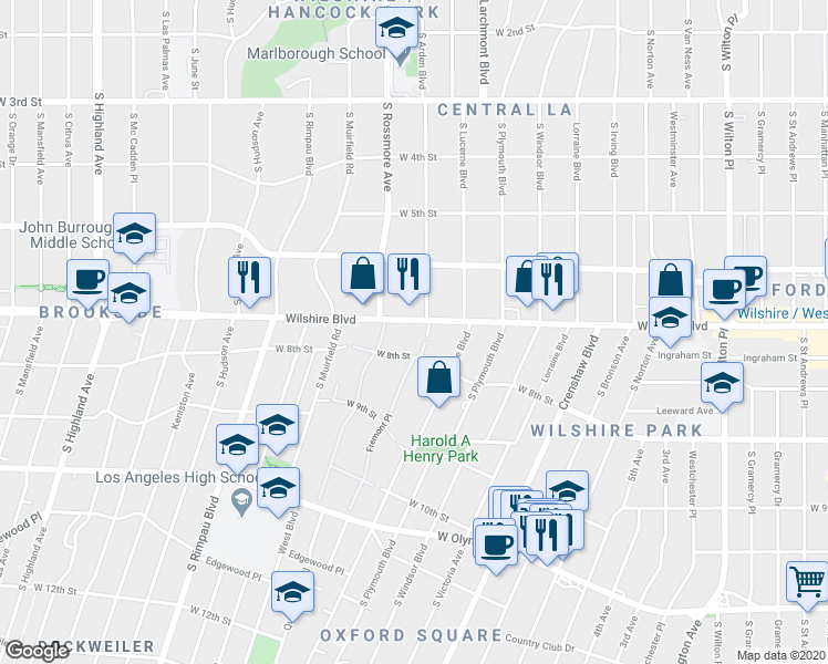 map of restaurants, bars, coffee shops, grocery stores, and more near 4463 South Arden Boulevard in Los Angeles