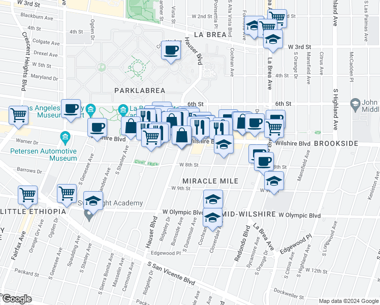 map of restaurants, bars, coffee shops, grocery stores, and more near in Los Angeles
