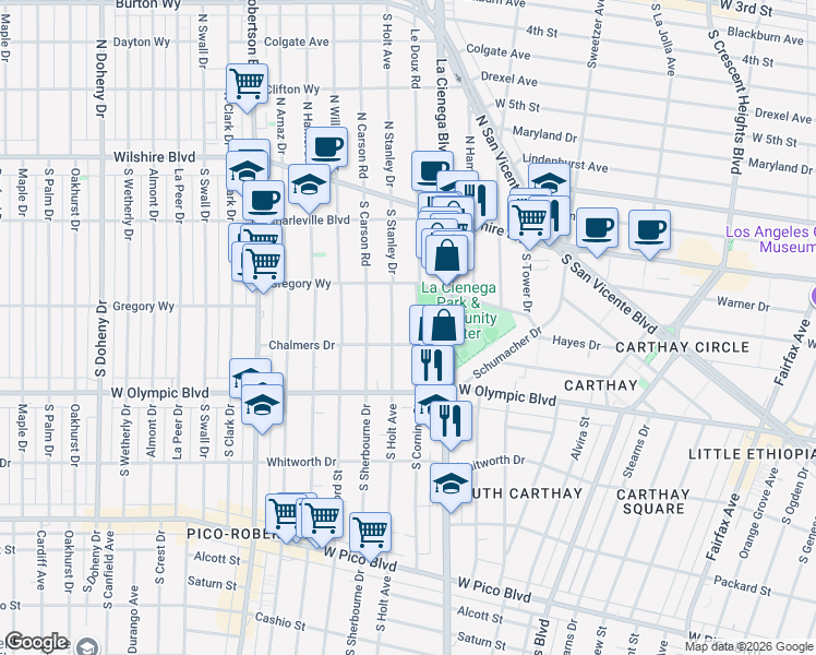 map of restaurants, bars, coffee shops, grocery stores, and more near 321s La Cienega Boulevard in Beverly Hills