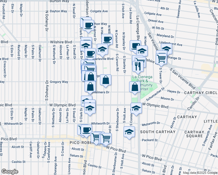 map of restaurants, bars, coffee shops, grocery stores, and more near 828 South Bedford Street in Los Angeles
