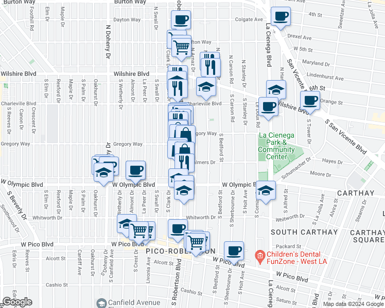 map of restaurants, bars, coffee shops, grocery stores, and more near 822 South Robertson Boulevard in Los Angeles