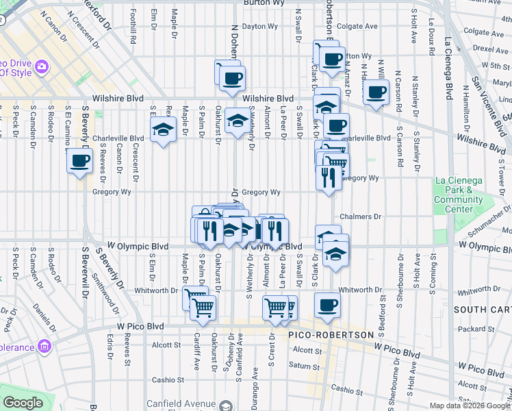map of restaurants, bars, coffee shops, grocery stores, and more near 301 South Wetherly Drive in Beverly Hills