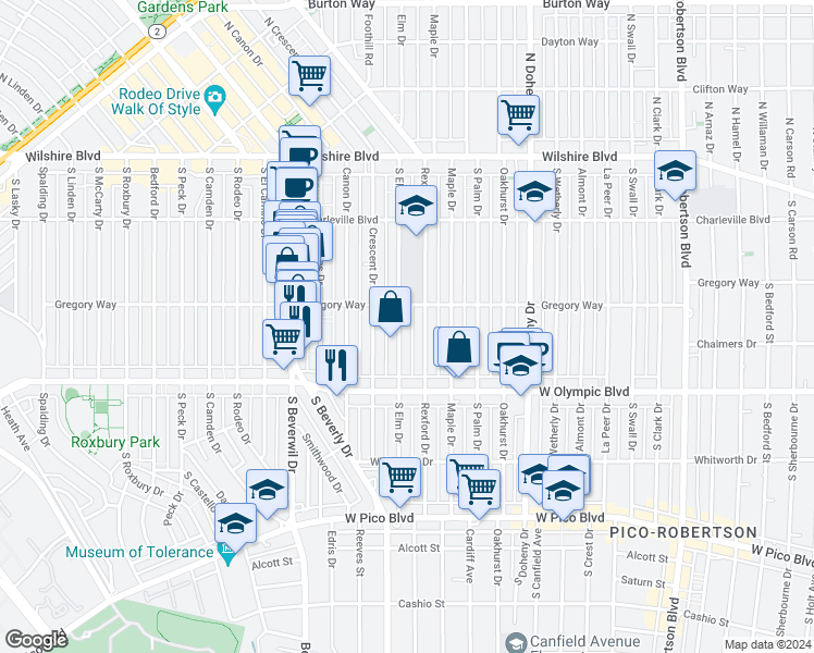 map of restaurants, bars, coffee shops, grocery stores, and more near 303 South Elm Drive in Beverly Hills