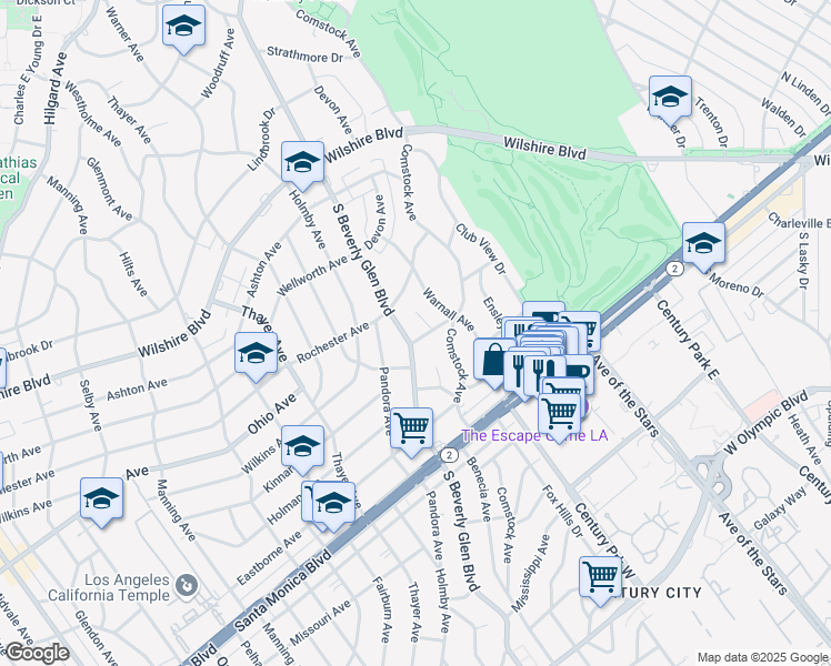 map of restaurants, bars, coffee shops, grocery stores, and more near 1425 Crestview Court in Los Angeles
