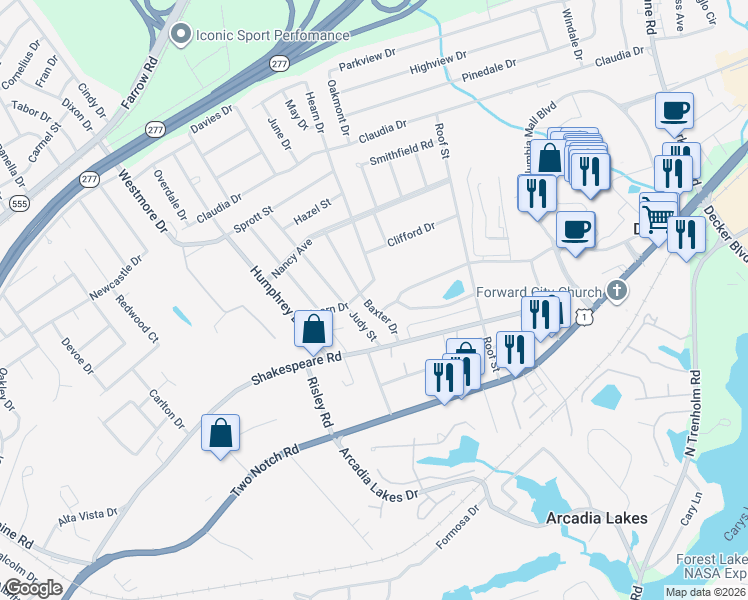map of restaurants, bars, coffee shops, grocery stores, and more near 3602 Baxter Drive in Columbia