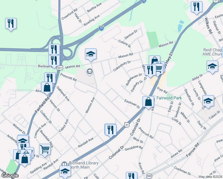 map of restaurants, bars, coffee shops, grocery stores, and more near 928 Eastman Street in Columbia