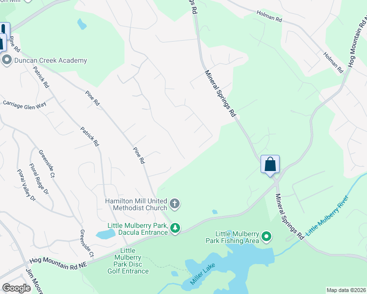 map of restaurants, bars, coffee shops, grocery stores, and more near 1749 Gray Gables Way Northeast in Buford