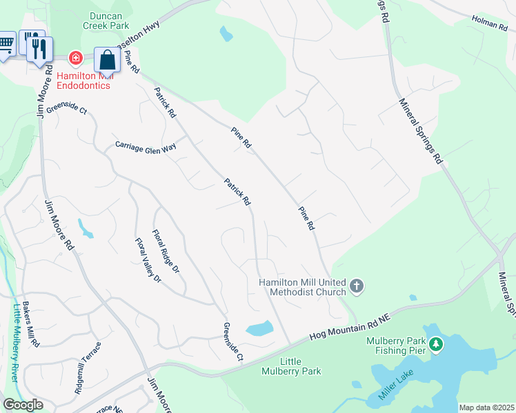 map of restaurants, bars, coffee shops, grocery stores, and more near 1762 Patrick Road in Dacula