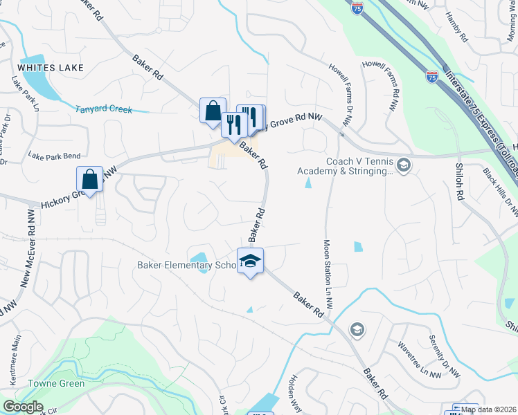 map of restaurants, bars, coffee shops, grocery stores, and more near 2498 Baker Road in Acworth