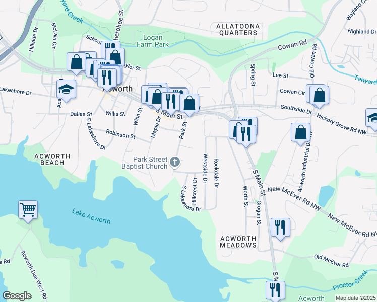 map of restaurants, bars, coffee shops, grocery stores, and more near 108 Northcutt Station Place in Acworth