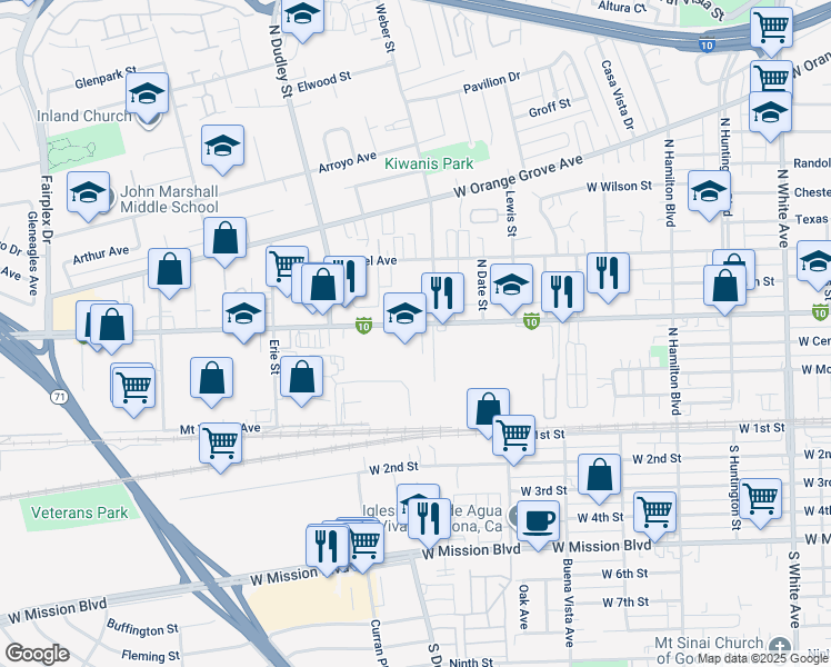 map of restaurants, bars, coffee shops, grocery stores, and more near 1451 West Holt Avenue in Pomona